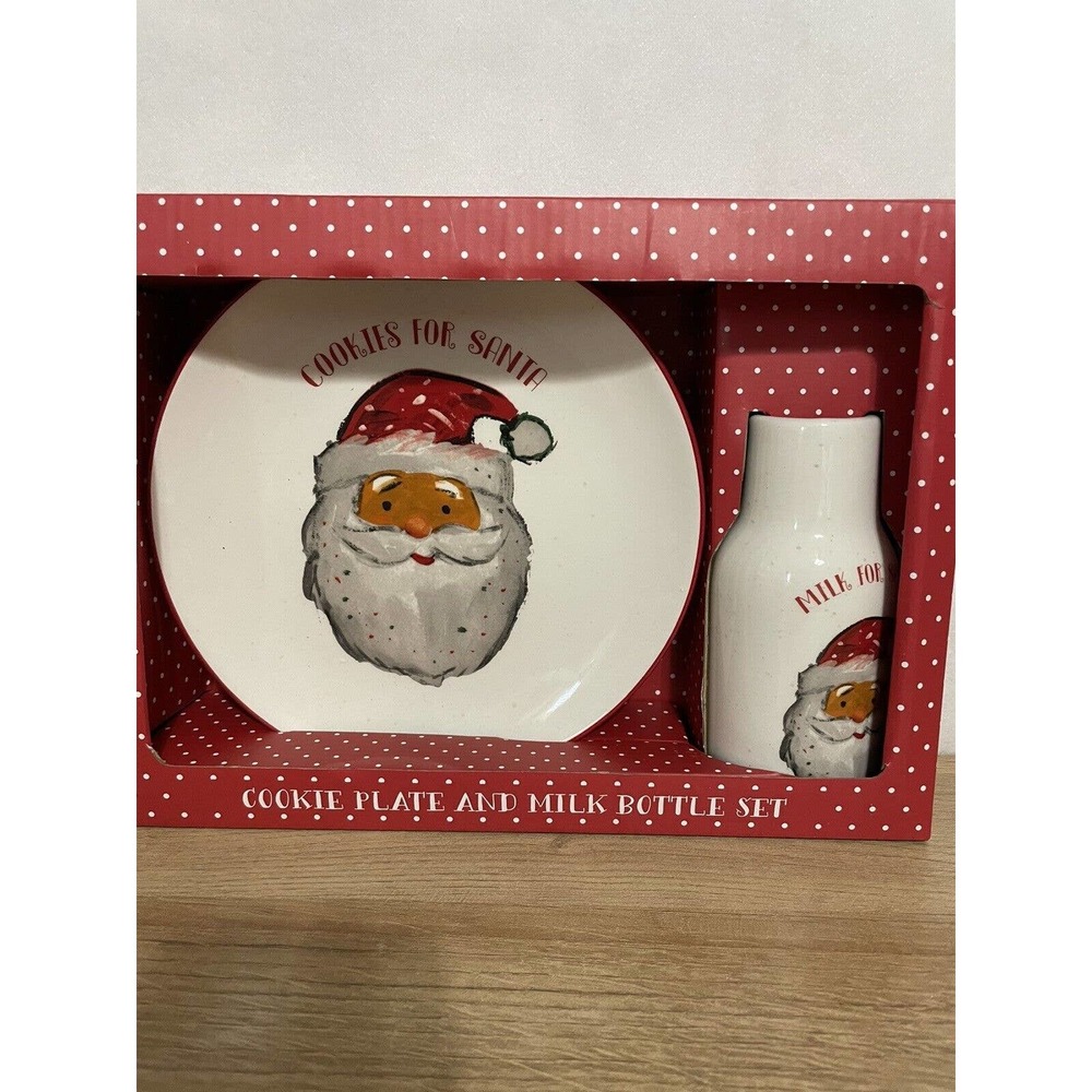 NWT: Peppermint & Pine - Cookies & Milk for Santa - Ceramic Plate and Bottle Set